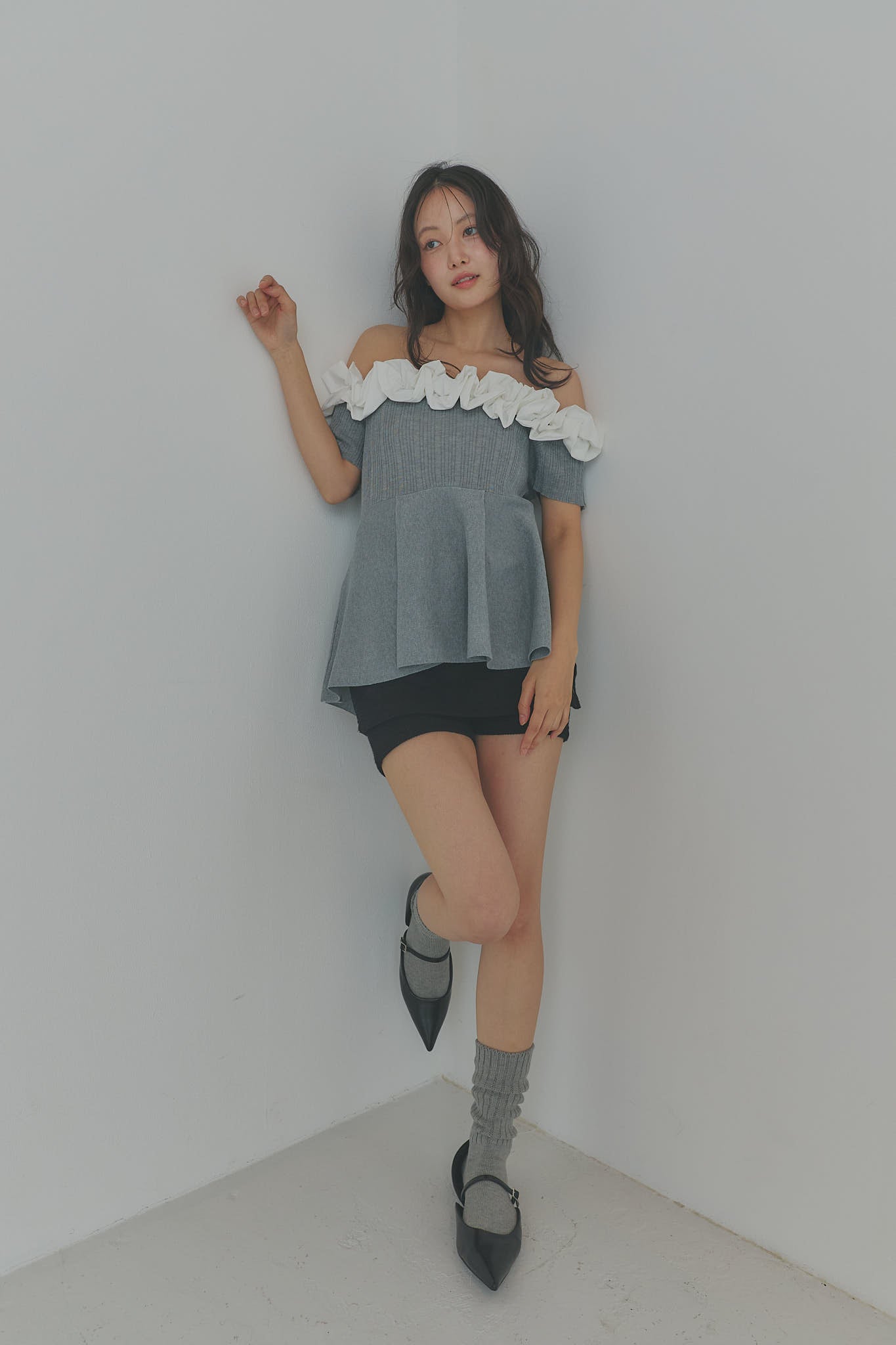 off shoulder frill knit