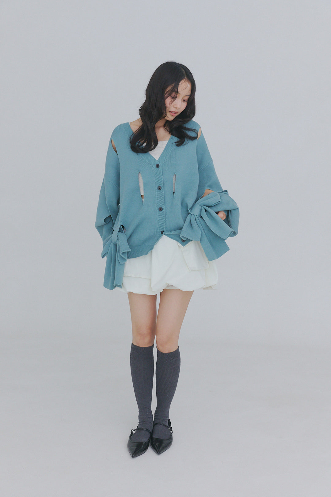 hole ribbon spring cardigan