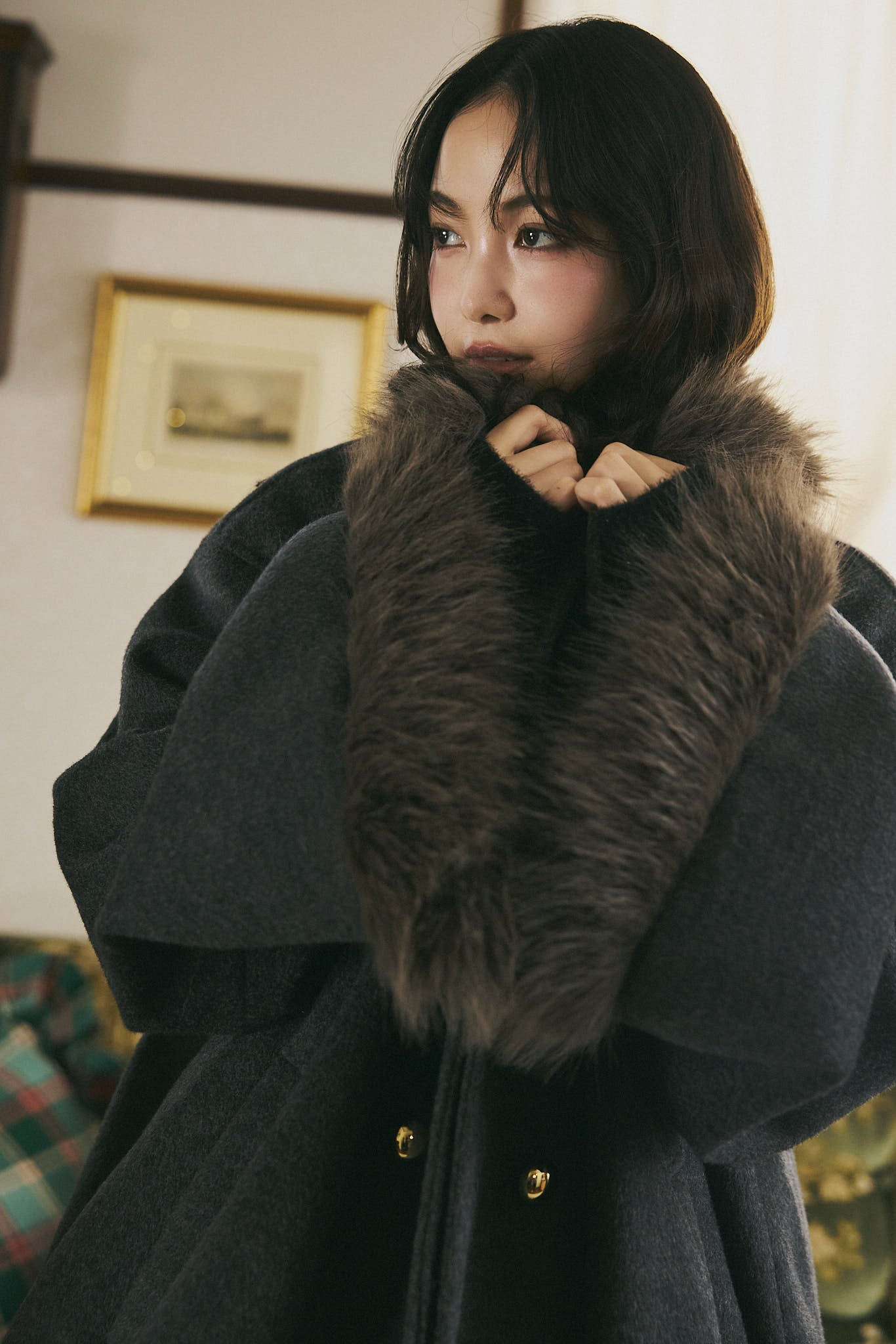 collar fur cocoon coat