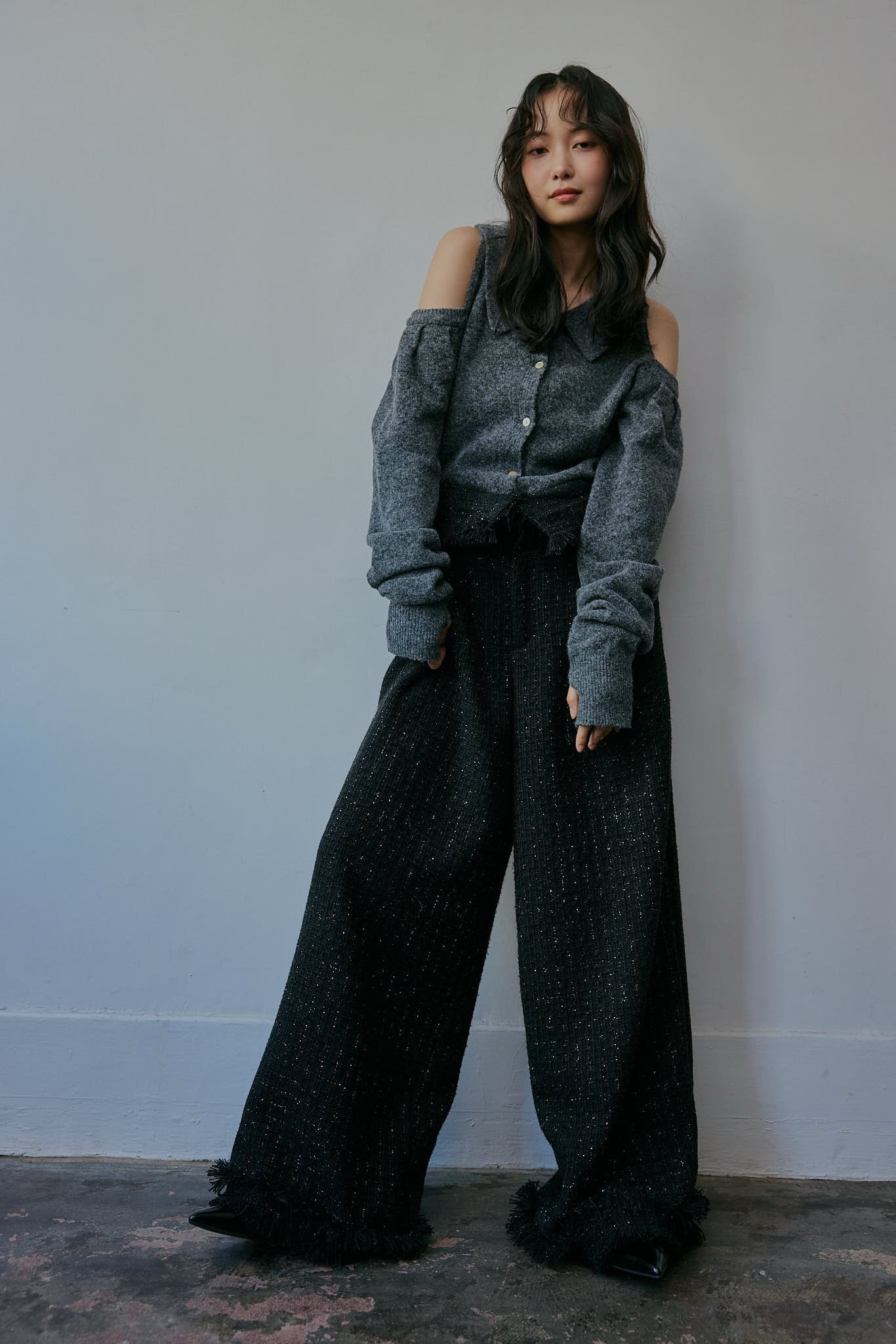glitter tweed fringe pants