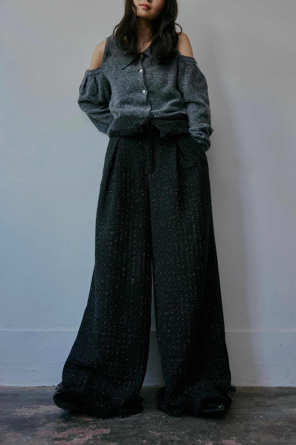 glitter tweed fringe pants – andequal