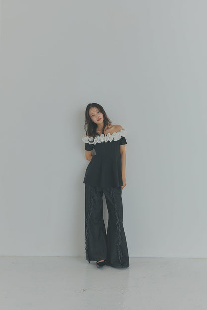 off shoulder frill knit