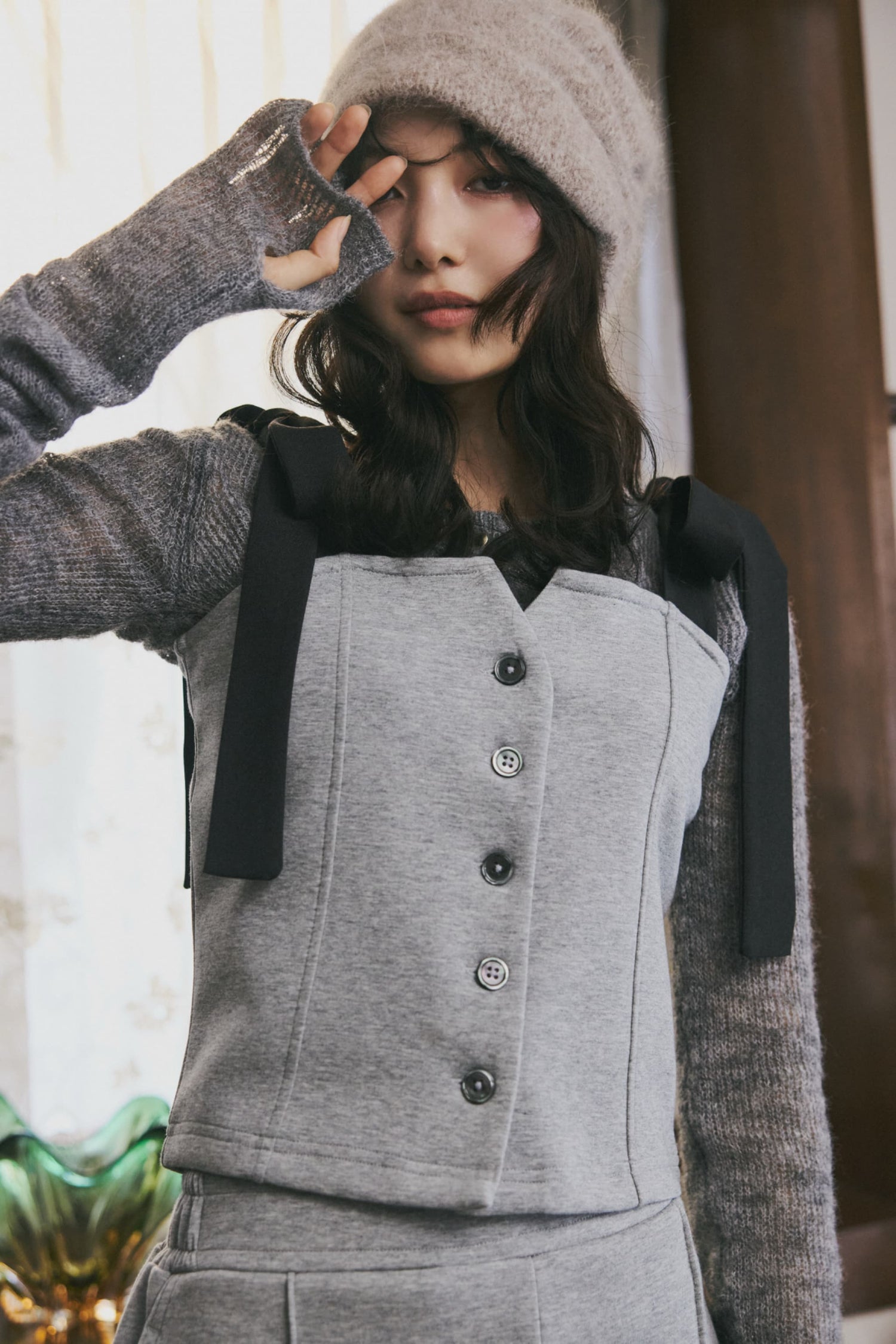 ribbon shoulder sweat bustier