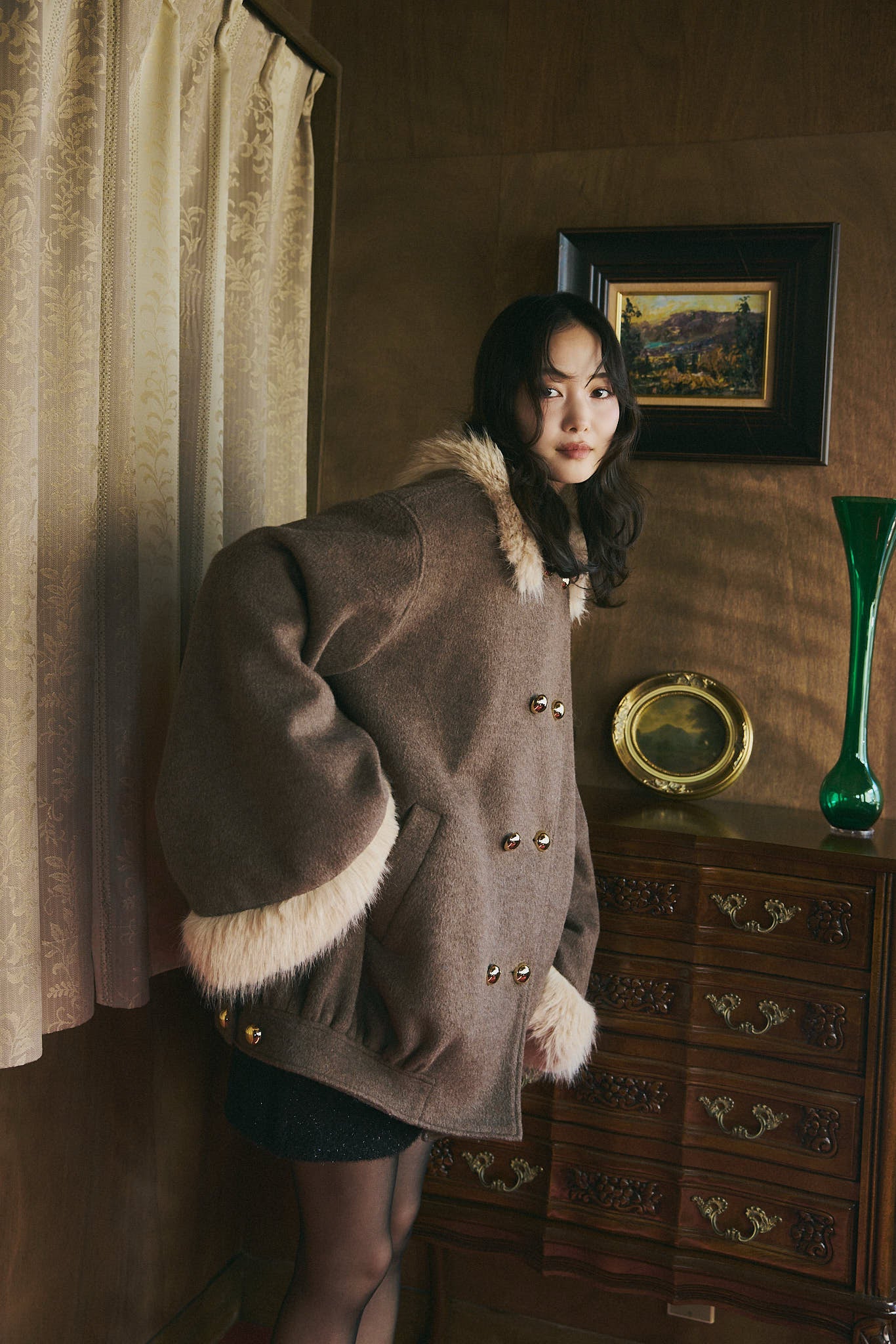 collar fur cocoon coat